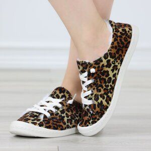 Leopard Women's Flat Sneakers Suede Lace Up Round Toe Warm Knit Lining
